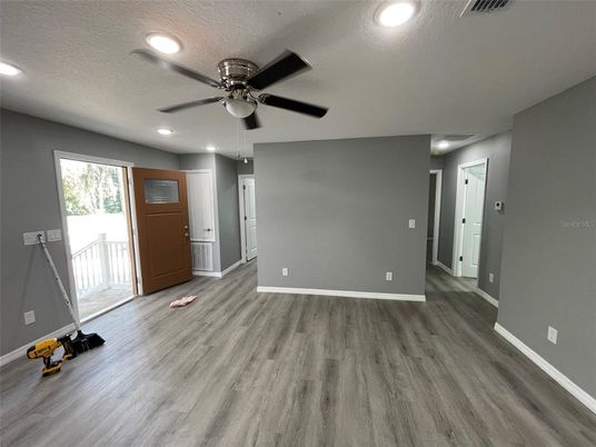 Empty room, Interior, Recessed Lighting, Wood Texture Flooring