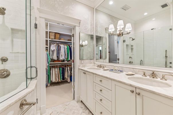 Bathroom, Dual Sink Vanities, Glass Shower, Interior, Recessed Lighting, Walk-in Closets