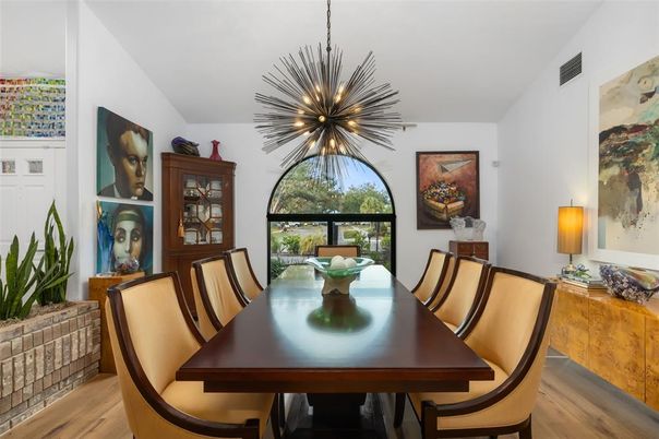 Dining room, Interior, Pendant Lights, Wood Texture Flooring