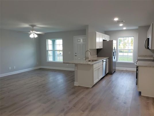 Interior, Kitchen, Recessed Lighting, Wood Texture Flooring