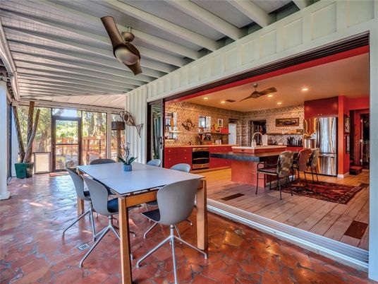 Dining room, Interior, Kitchen, Pendant Lights, Recessed Lighting, Stainless Steel Appliances, Stone Walls