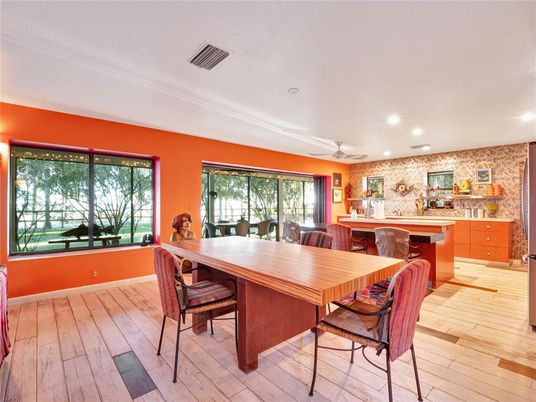 Dining room, Interior, Recessed Lighting, Wood Texture Flooring