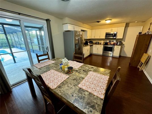 Dining room, Interior, Kitchen, Stainless Steel Appliances, Wood Texture Flooring