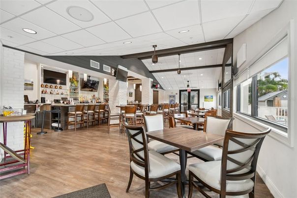 Dining room, Interior, Recessed Lighting, Stone Walls, Wooden Beams, Wood Texture Flooring