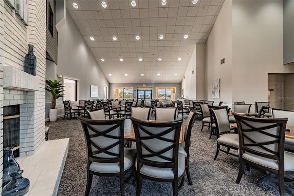 Dining room, Fireplace, Interior, Recessed Lighting, Stone Walls