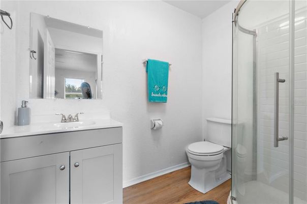 Bathroom, Glass Shower, Interior, Wood Texture Flooring