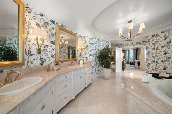 Bathroom, Chandelier, Dual Sink Vanities, Interior, Tile Countertops
