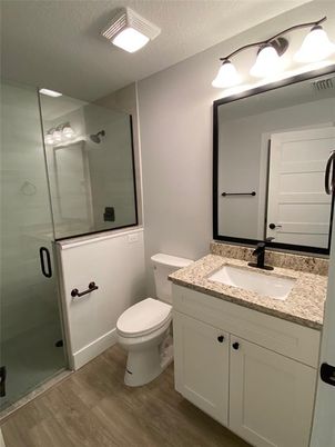 Bathroom, Glass Shower, Interior, Wood Texture Flooring