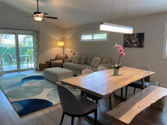 Dining room, Interior, Living room, Pendant Lights, Wood Texture Flooring