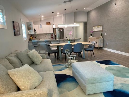 Dining room, Interior, Kitchen, Living room, Pendant Lights, Recessed Lighting, Wood Texture Flooring