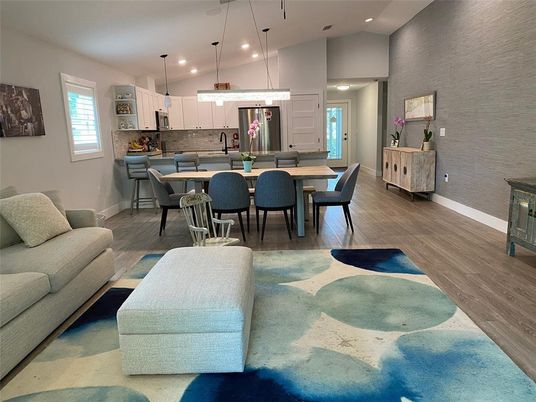 Dining room, Interior, Kitchen, Living room, Pendant Lights, Recessed Lighting, Wood Texture Flooring