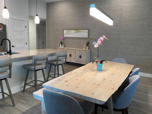 Dining room, Interior, Pendant Lights, Wood Texture Flooring