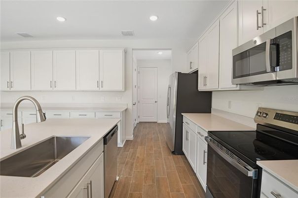 Interior, Kitchen, Recessed Lighting, Stainless Steel Appliances, Wood Texture Flooring