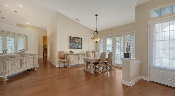 Dining room, Interior, Pendant Lights, Recessed Lighting, Wood Texture Flooring