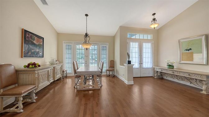 Dining room, Interior, Pendant Lights, Wood Texture Flooring