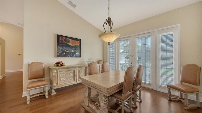 Dining room, Interior, Pendant Lights, Wood Texture Flooring