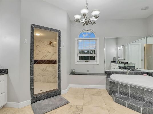 Bathroom, Chandelier, Glass Shower, Interior, Marble Walls