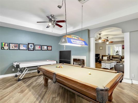 Billiard Table, Fireplace, Game Room, Interior, Pendant Lights, Wood Texture Flooring