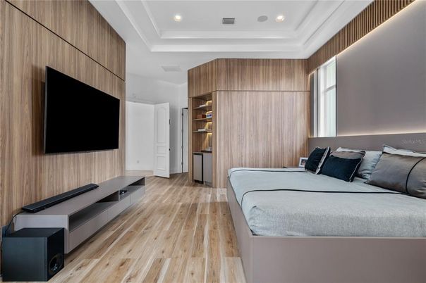 Bedroom, Interior, Recessed Lighting, Wood Texture Flooring, Wooden Walls