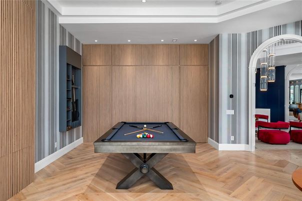 Billiard Table, Game Room, Interior, Pendant Lights, Recessed Lighting, Wood Texture Flooring