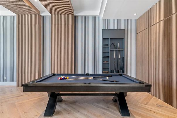 Billiard Table, Game Room, Interior, Recessed Lighting, Wood Texture Flooring