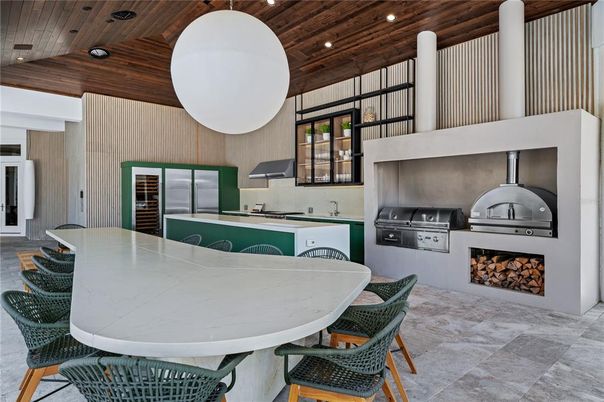 Dining room, Fireplace, Interior, Kitchen, Pendant Lights, Recessed Lighting, Wooden Ceilings