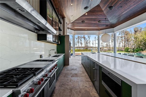 Interior, Kitchen, Pendant Lights, Recessed Lighting, Stainless Steel Appliances, Wooden Ceilings