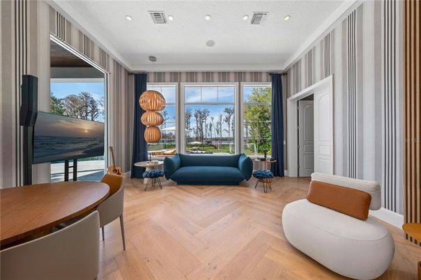 Dining room, Interior, Recessed Lighting, Wood Texture Flooring
