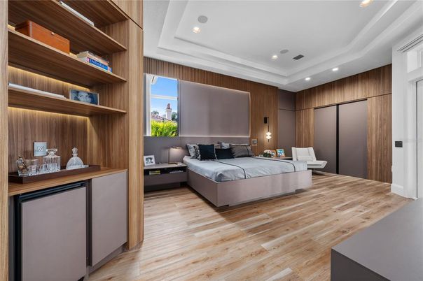 Bedroom, Interior, Recessed Lighting, Wood Texture Flooring, Wooden Walls