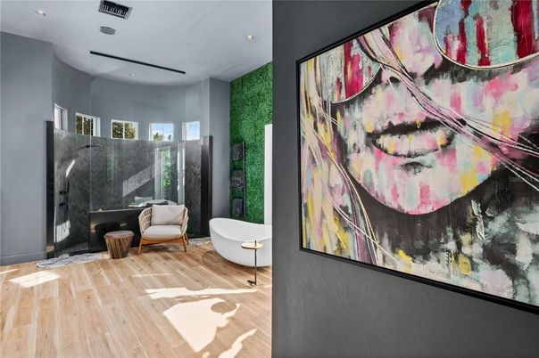 Bathroom, Free Standing Baths, Interior, Recessed Lighting, Wood Texture Flooring