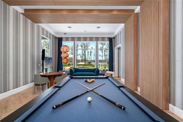 Billiard Table, Game Room, Interior, Pendant Lights, Recessed Lighting, Wood Texture Flooring