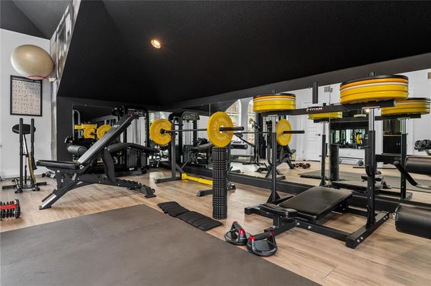 Fitness Equipment, Gym, Interior, Recessed Lighting, Wood Texture Flooring