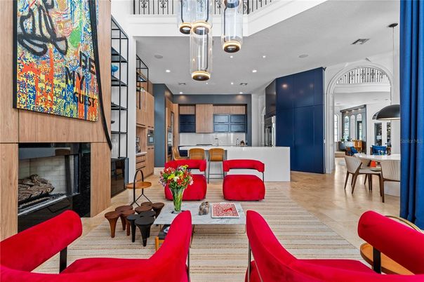 Dining room, Fireplace, Interior, Kitchen, Living room, Pendant Lights, Recessed Lighting