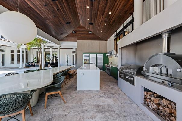 Exterior, Fireplace, Kitchen, Recessed Lighting, Wooden Ceilings