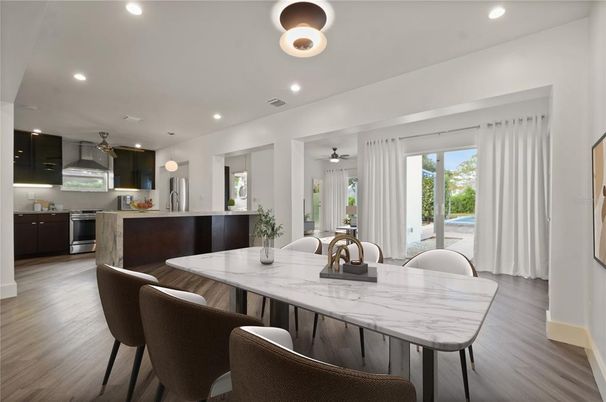 Dining room, Interior, Kitchen, Recessed Lighting, Wood Texture Flooring