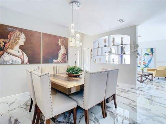 Dining room, Interior, Marble, Pendant Lights