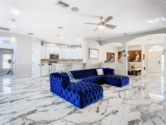 Interior, Kitchen, Living room, Marble, Pendant Lights, Recessed Lighting, Stainless Steel Appliances