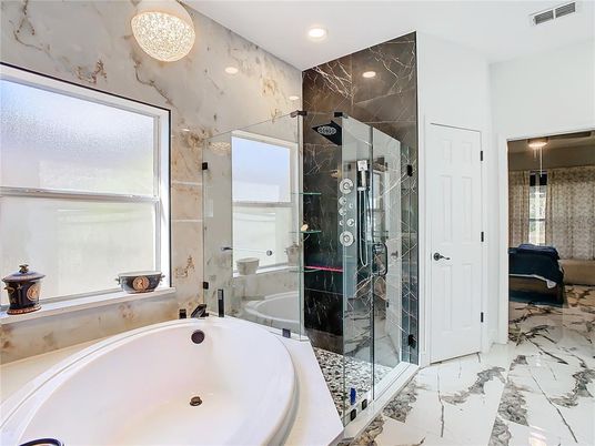 Bathroom, Glass Shower, Interior, Marble, Marble Walls, Recessed Lighting