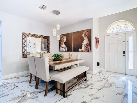 Dining room, Interior, Marble, Pendant Lights