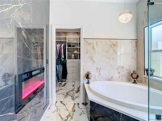 Bathroom, Glass Shower, Interior, Marble, Pendant Lights, Walk-in Closets
