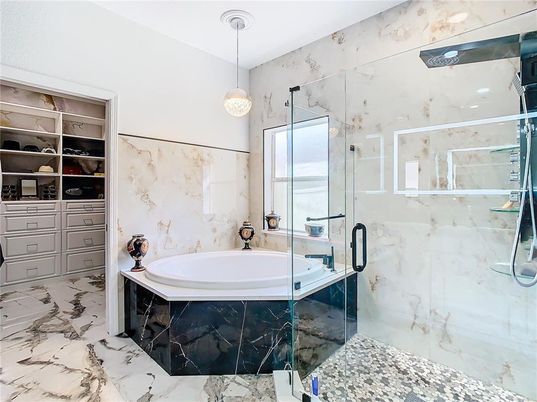Bathroom, Glass Shower, Interior, Marble, Marble Walls, Pendant Lights