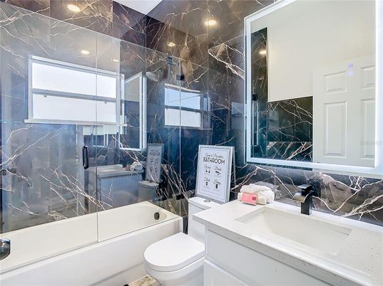 Bathroom, Glass Shower, Interior, Marble Walls, Recessed Lighting