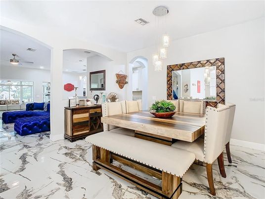 Dining room, Interior, Marble, Pendant Lights, Recessed Lighting