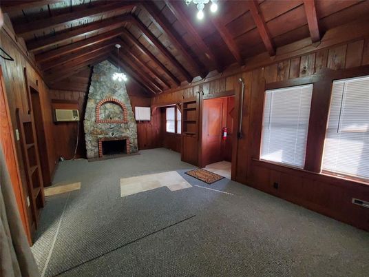 Empty room, Fireplace, Interior, Stone Walls, Wooden Beams, Wooden Ceilings, Wooden Walls