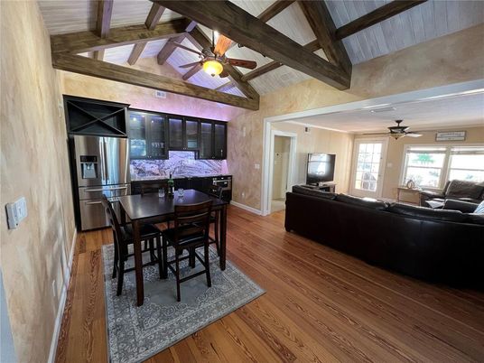 Dining room, Interior, Kitchen, Living room, Stainless Steel Appliances, Wooden Beams, Wood Texture Flooring