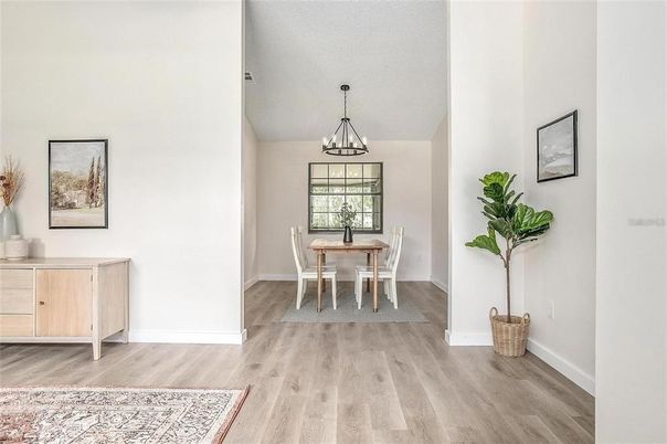Dining room, Interior, Pendant Lights, Wood Texture Flooring