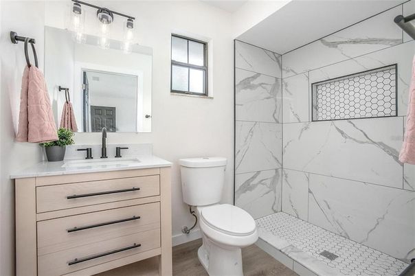 Bathroom, Interior, Marble Walls, Wood Texture Flooring