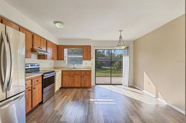 Interior, Kitchen, Pendant Lights, Stainless Steel Appliances, Wood Texture Flooring
