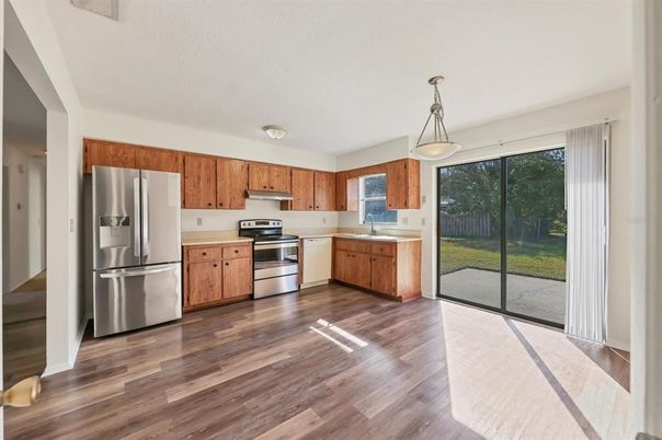 Interior, Kitchen, Pendant Lights, Stainless Steel Appliances, Wood Texture Flooring