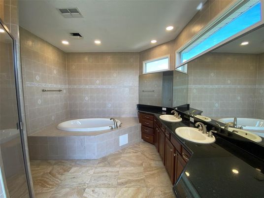 Bathroom, Dual Sink Vanities, Glass Shower, Interior, Recessed Lighting